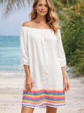 J. Crew White Off-Shoulder Mini Dress / Swim Coverup with Rainbow Stripe Hem